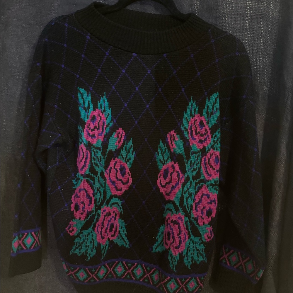 Vintage floral rose diamond Patterned Black Sweater